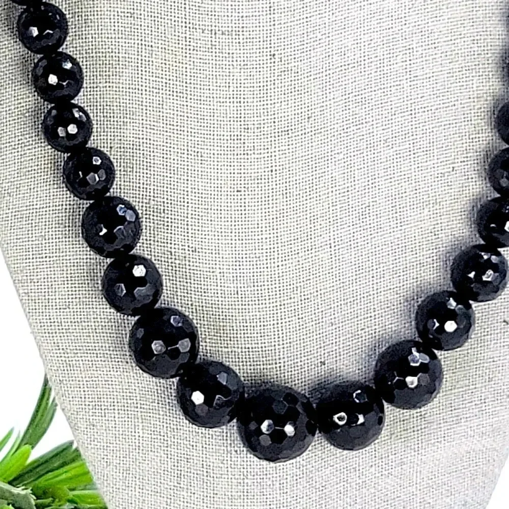 Vintage Black Glass Bead Necklace Faceted Sparkle 18